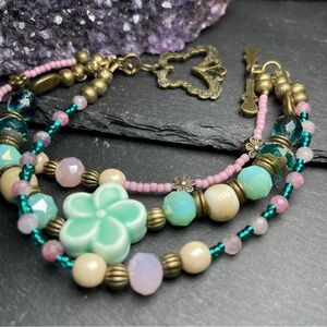Pink Tourmaline Gemstone and Teal Floral Multi Strand Beaded Artisan Bracelet